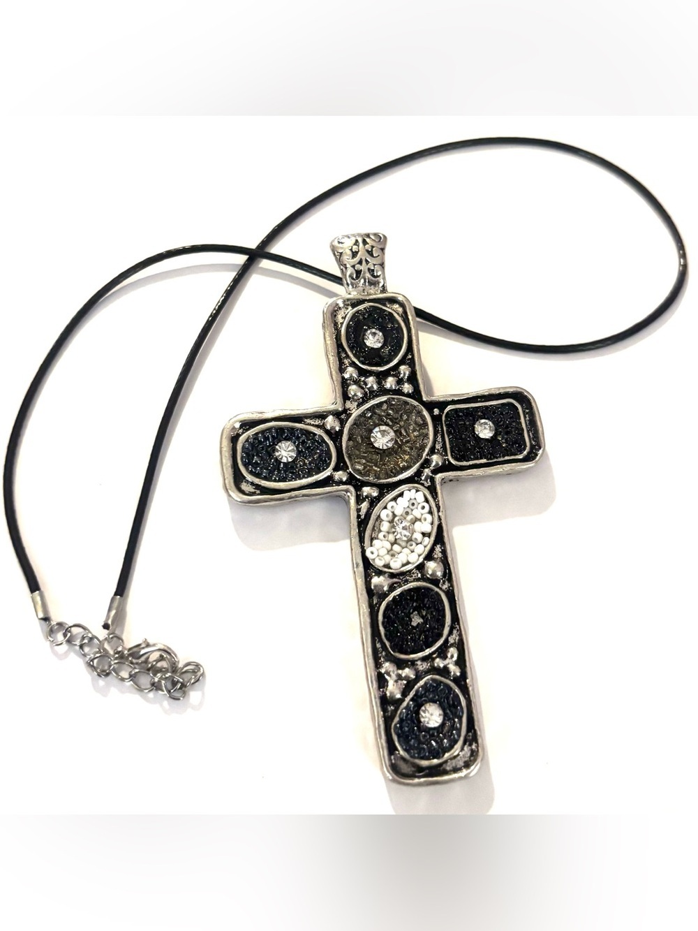 Vintage unisex Silver and Black Cross Pendant Necklace